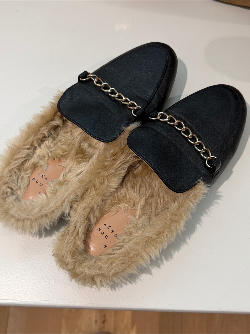 a new day Black Faux-Leather Chain Mules with Tan Faux Fur Lining